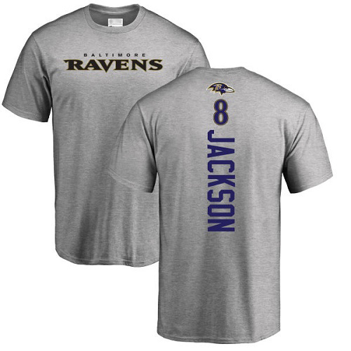 Men Baltimore Ravens Ash Lamar Jackson Backer NFL Football #8 T Shirt